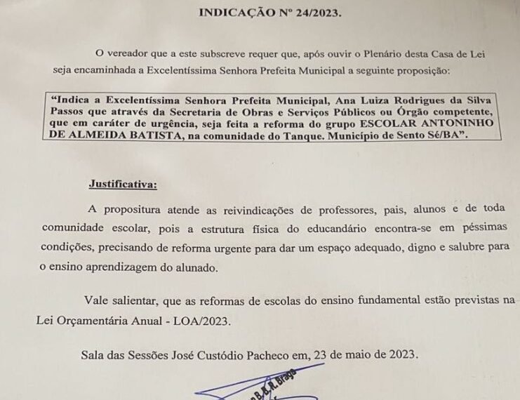 Vereador Eduardo Bacellar cobra reforma de escola da comunidade de Tanque na zona rural de Sento Sé