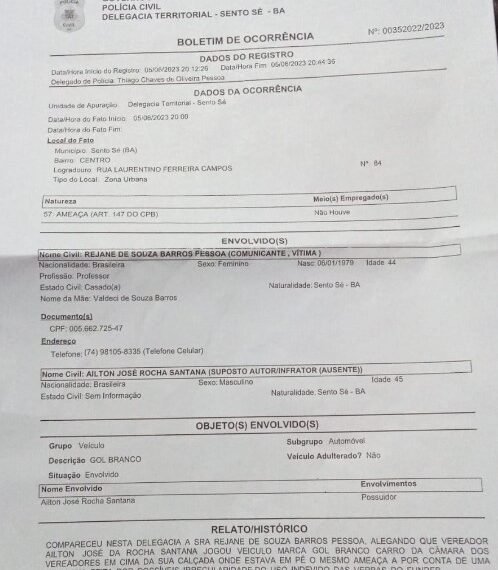 Professora acusa vereador de Sento Sé de tentativa de homicídio após ele jogar o carro contra ela