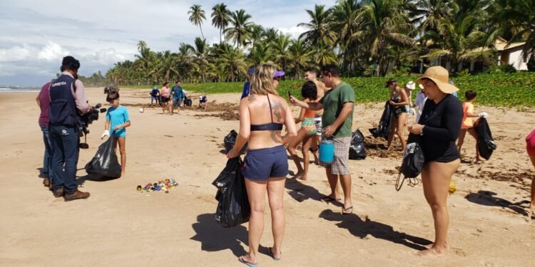Moradores e apoiadores participam de ações voluntárias para a preservação e a limpeza da praia de Busca Vida (Divulgação)